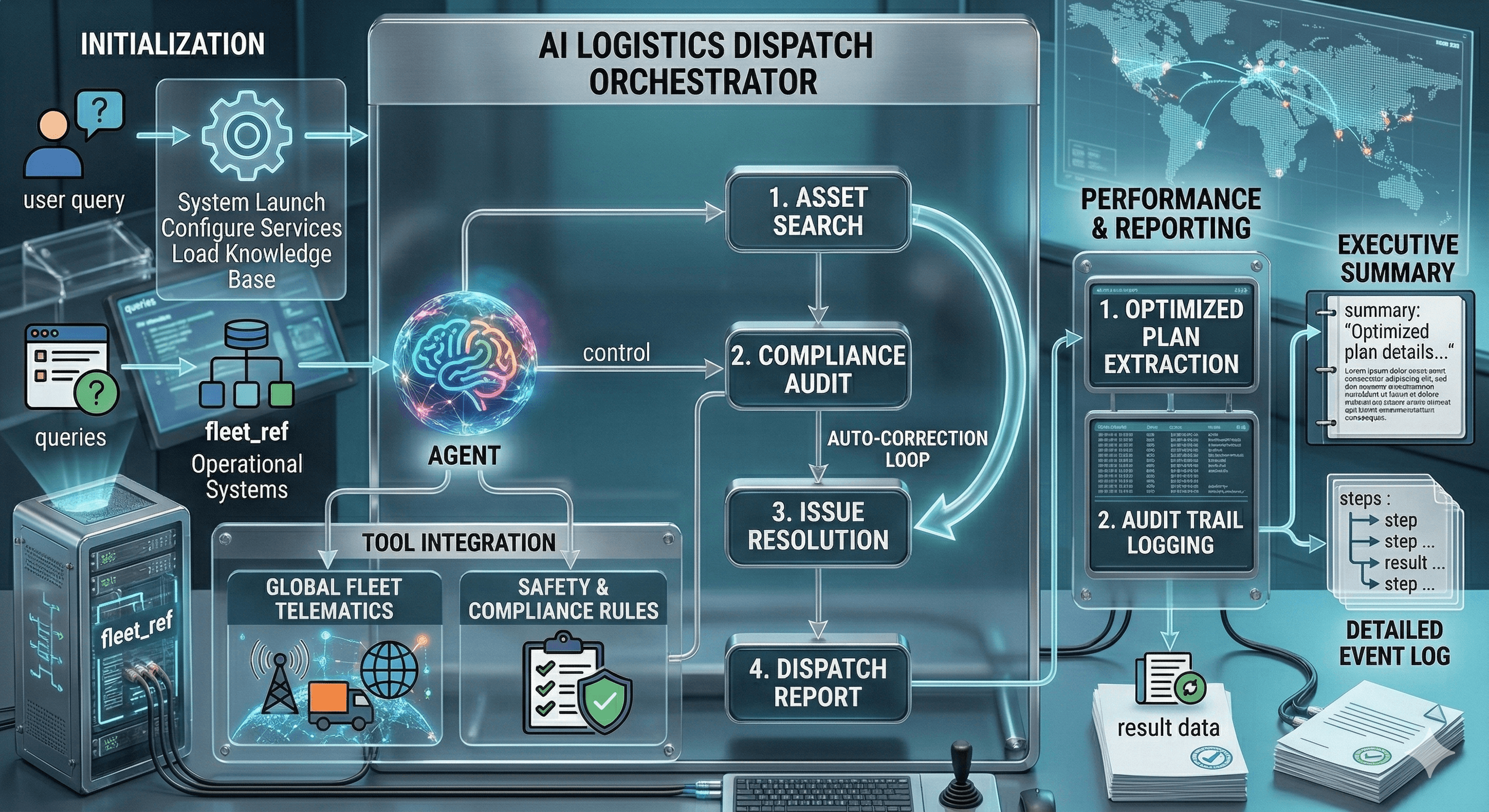 Technical blueprint of decentralized multi-agent system for autonomous logistics dispatch showing Scout, Auditor, and Orchestrator layers.